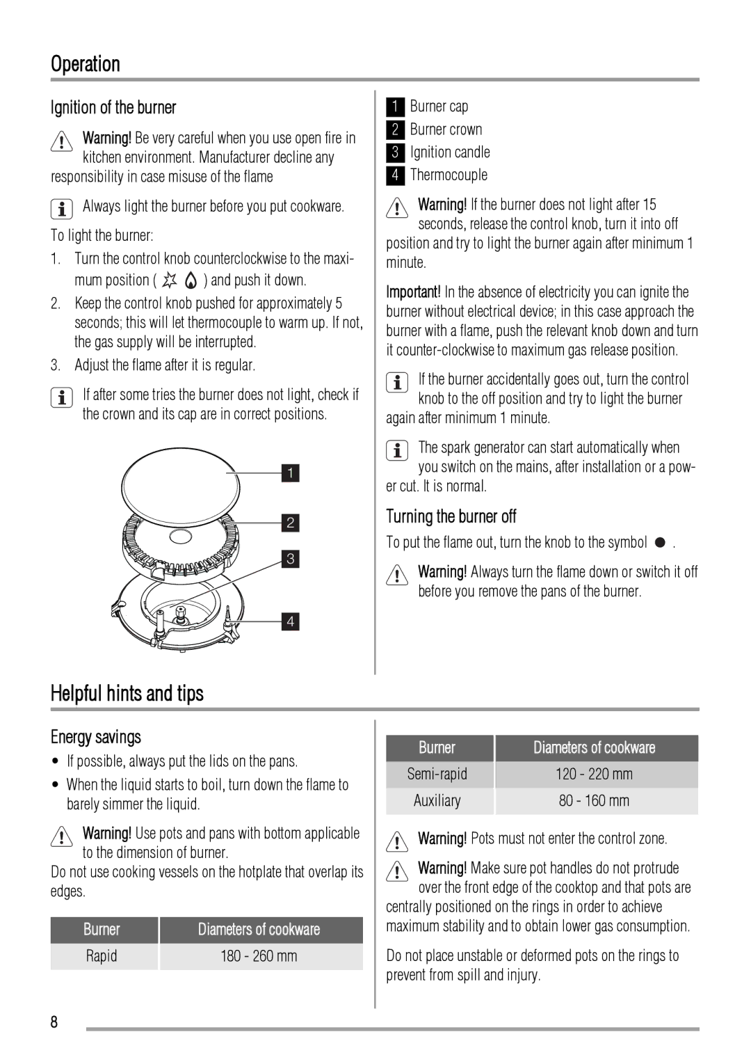 Zanussi ZGL62IT Operation, Helpful hints and tips, Ignition of the burner, Turning the burner off, Energy savings 