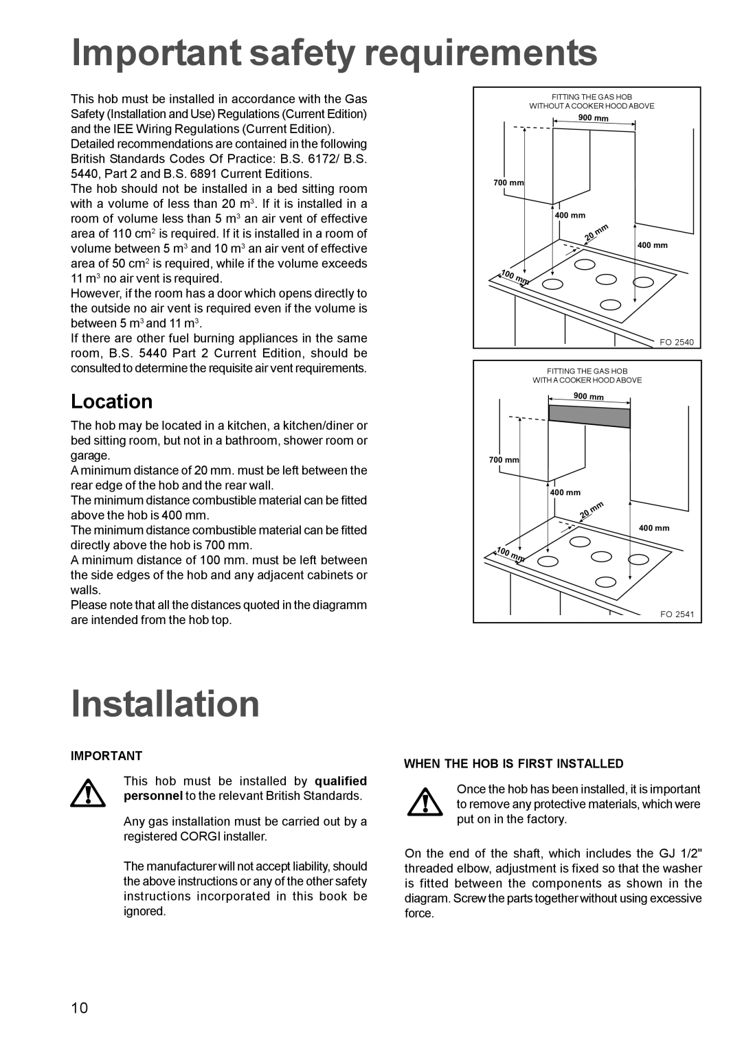 Zanussi ZGP 982 manual Important safety requirements, Installation, Location, When the HOB is First Installed 