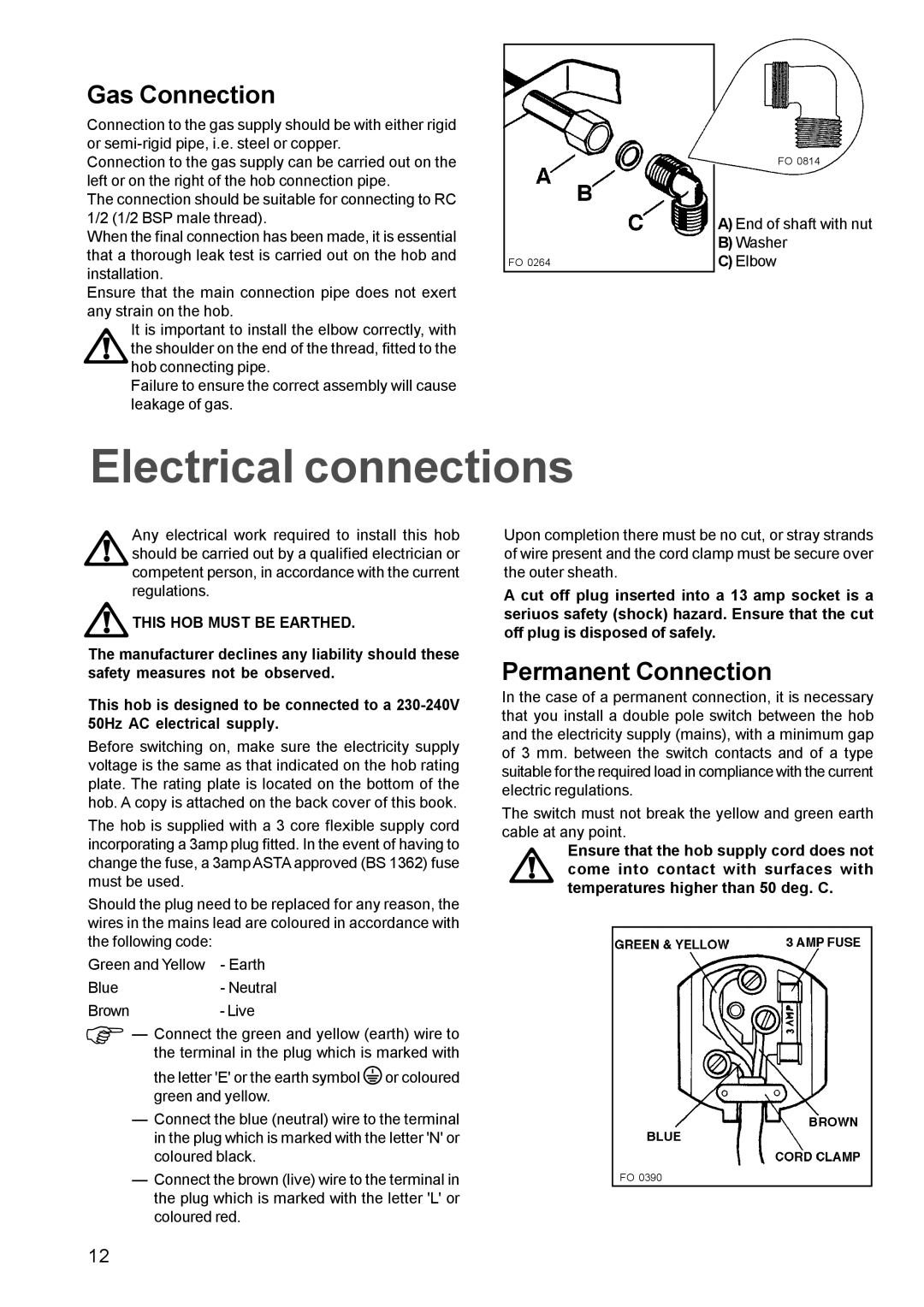 Zanussi ZGP 982 manual Electrical connections, Gas Connection, Permanent Connection, This HOB Must be Earthed 