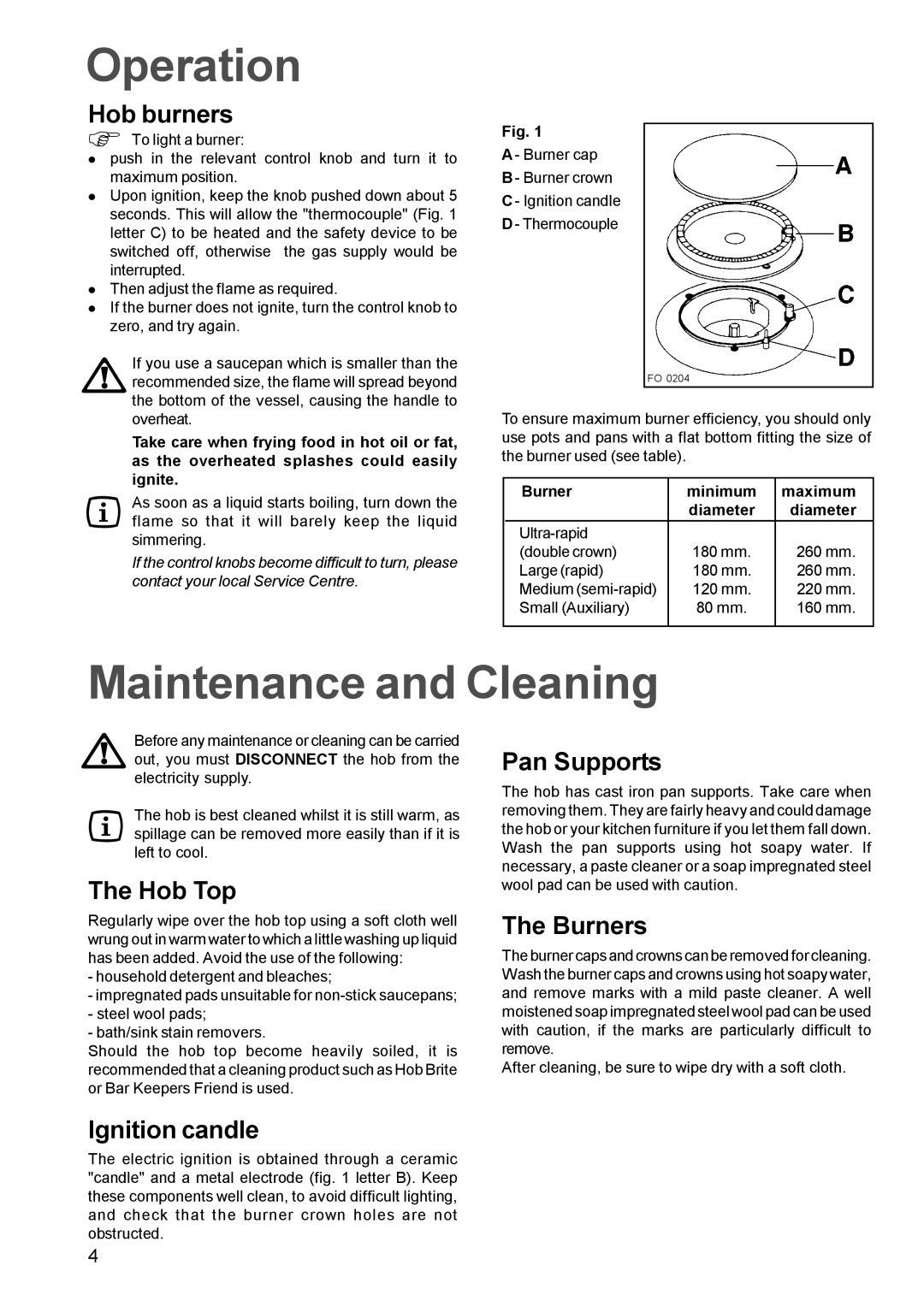 Zanussi ZGP 982 manual Operation, Maintenance and Cleaning 