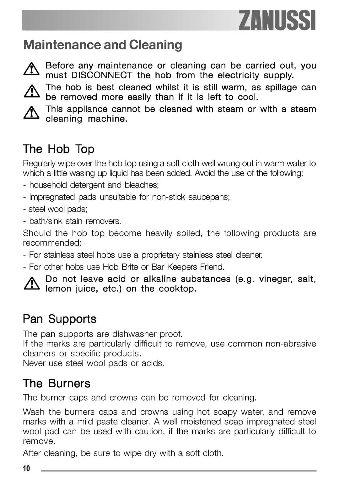 Zanussi ZGS 322 manual Maintenance and Cleaning, Hob Top, Pan Supports, Burners 