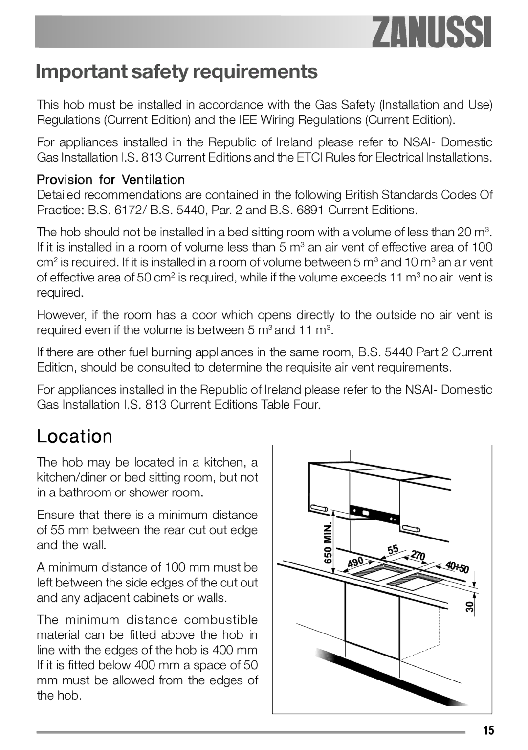 Zanussi ZGS 322 manual Important safety requirements, Location 