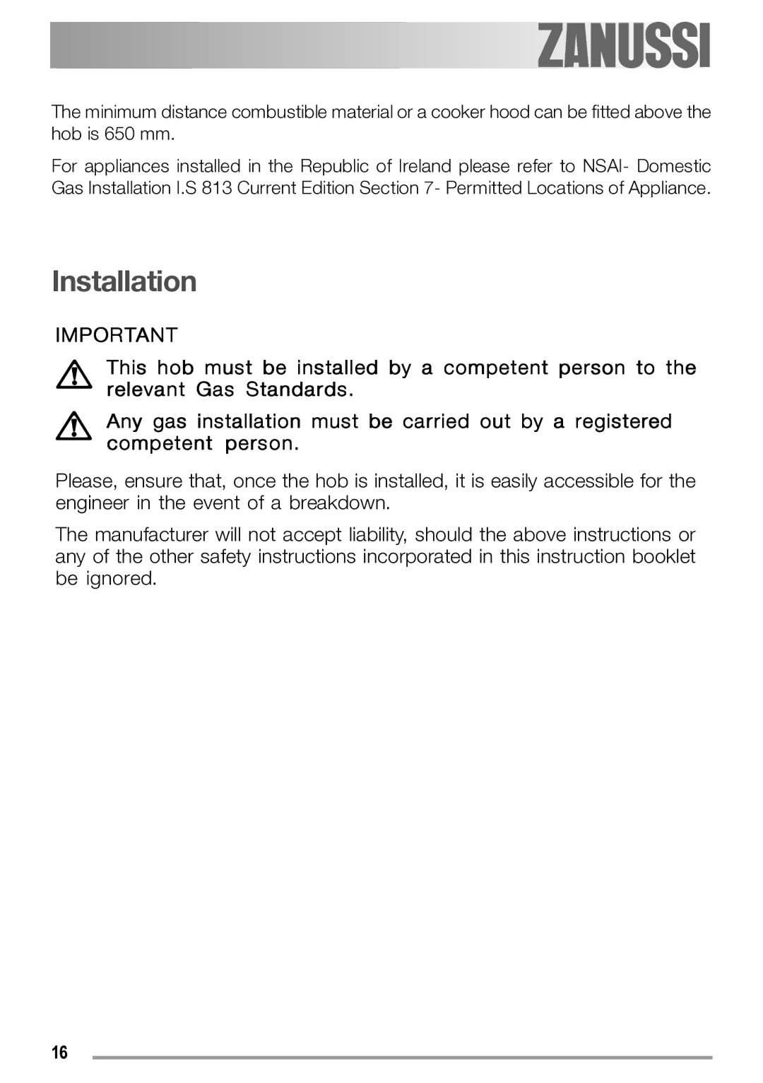 Zanussi ZGS 322 manual Installation 