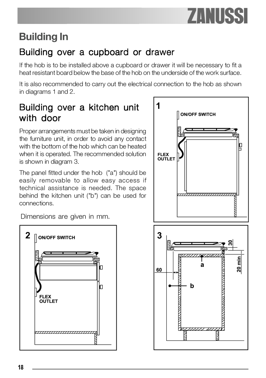 Zanussi ZGS 322 manual Building over a cupboard or drawer, Building over a kitchen unit with door 