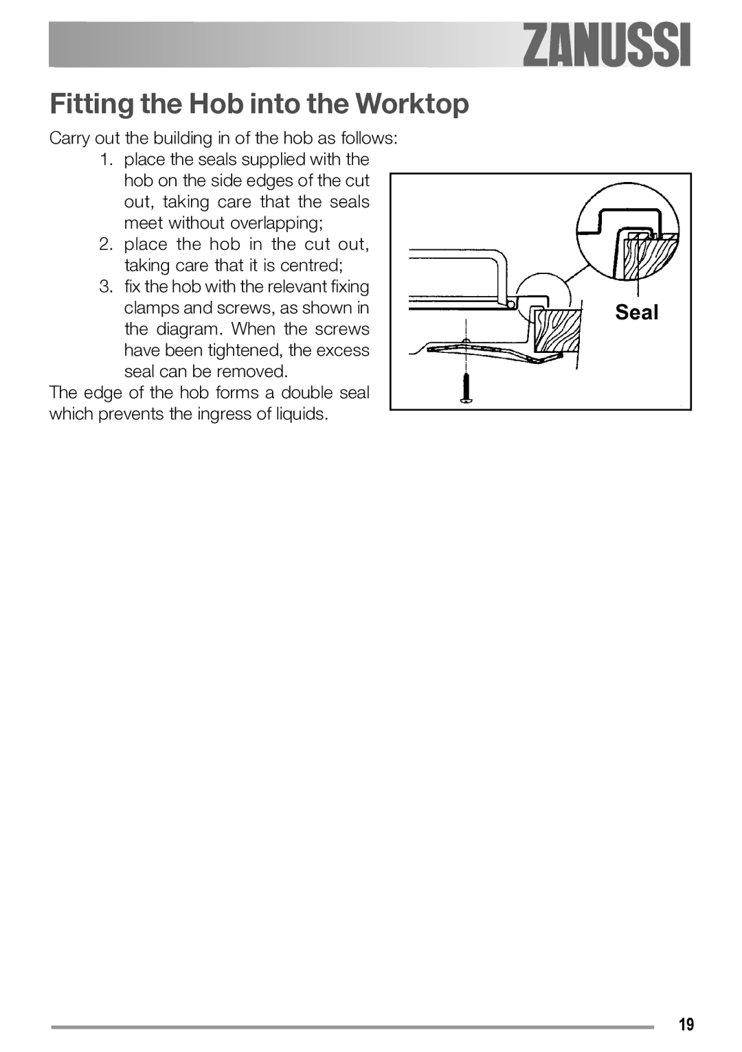 Zanussi ZGS 322 manual Fitting the Hob into the Worktop 