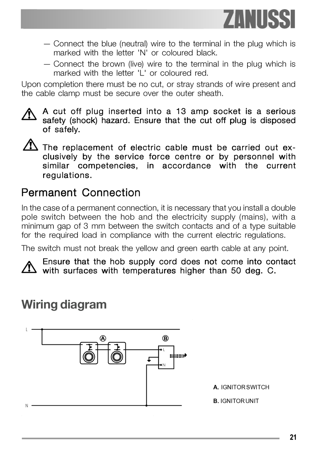 Zanussi ZGS 322 manual Wiring diagram, Permanent Connection 