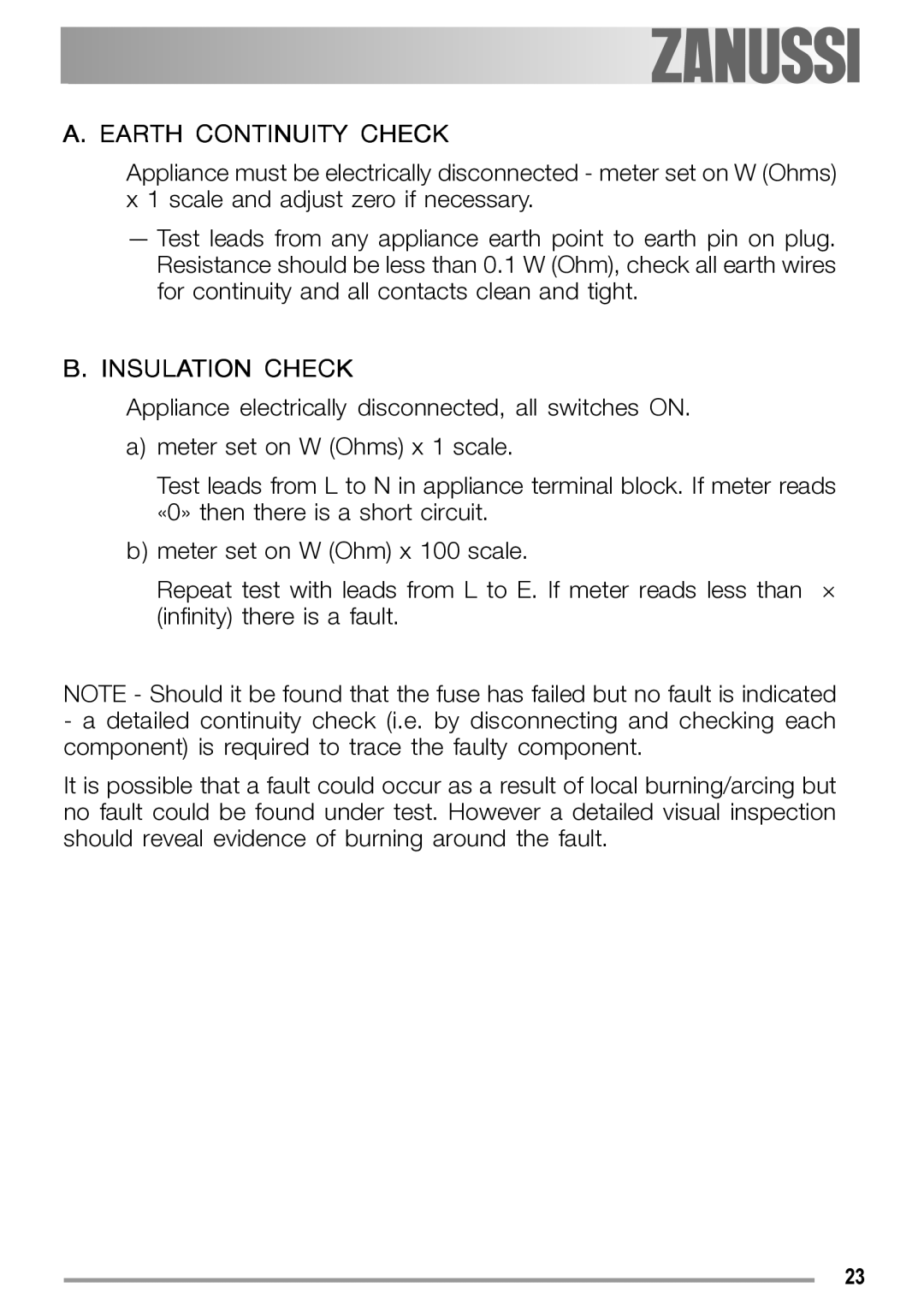 Zanussi ZGS 322 manual Earth Continuity Check 