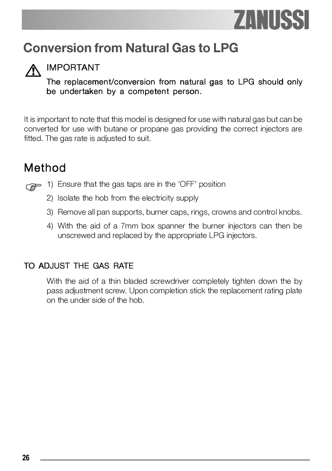 Zanussi ZGS 322 manual Conversion from Natural Gas to LPG, Method 