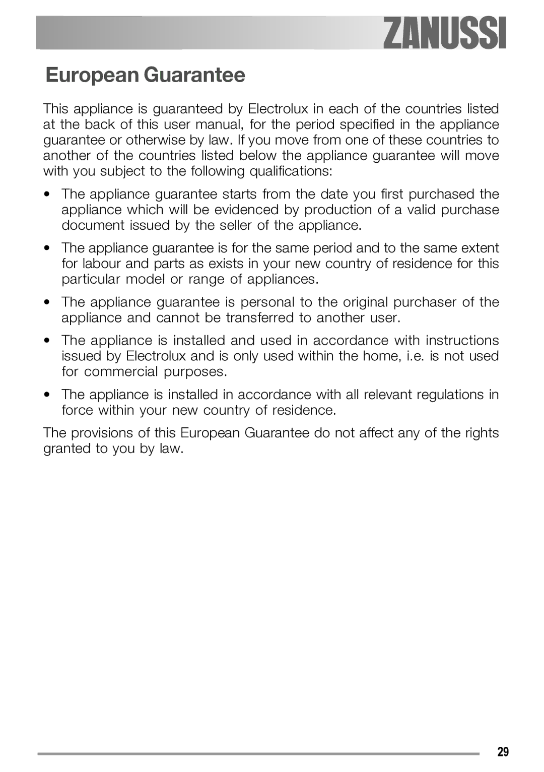 Zanussi ZGS 322 manual European Guarantee 