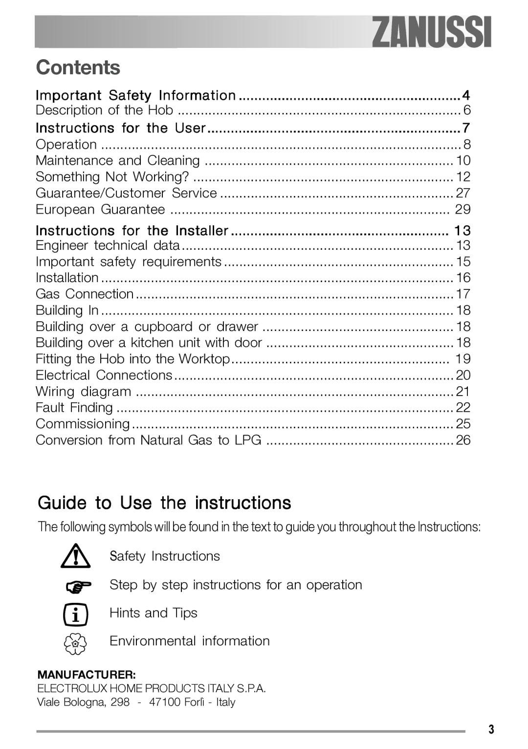 Zanussi ZGS 322 manual Contents 