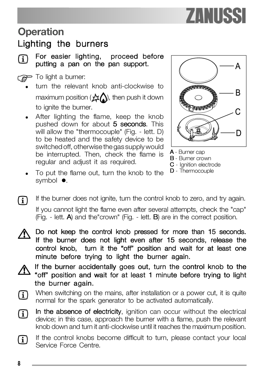 Zanussi ZGS 322 manual Operation, Lighting the burners 