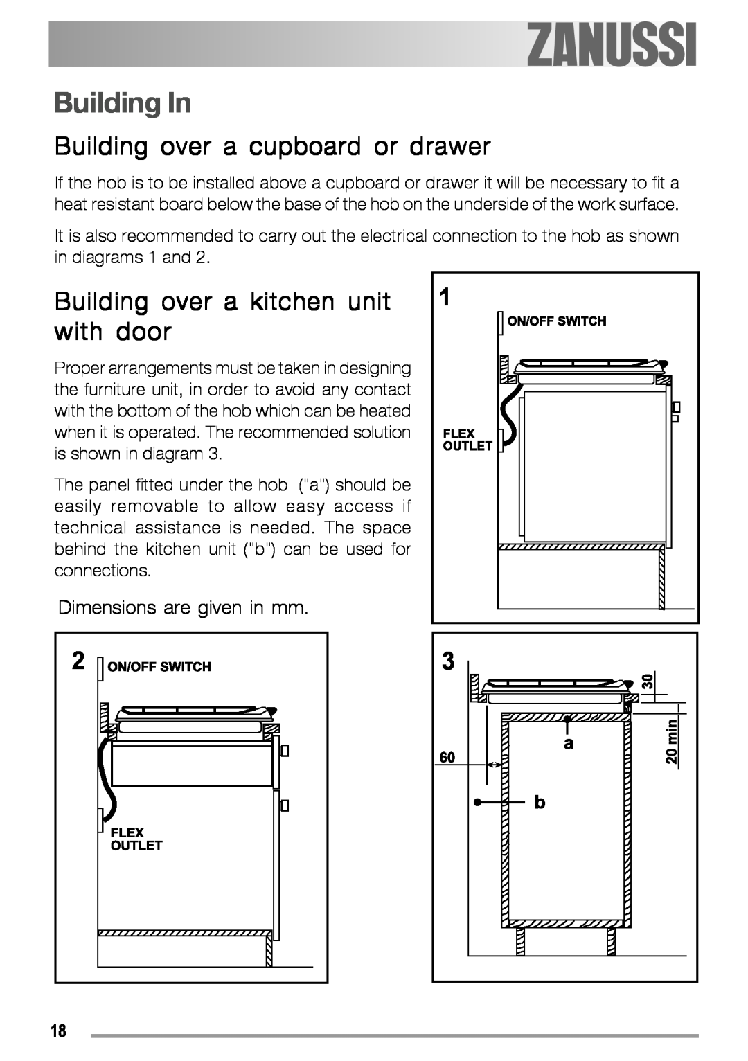 Zanussi ZGS 322 manual Building In, Building over a cupboard or drawer, Building over a kitchen unit with door 