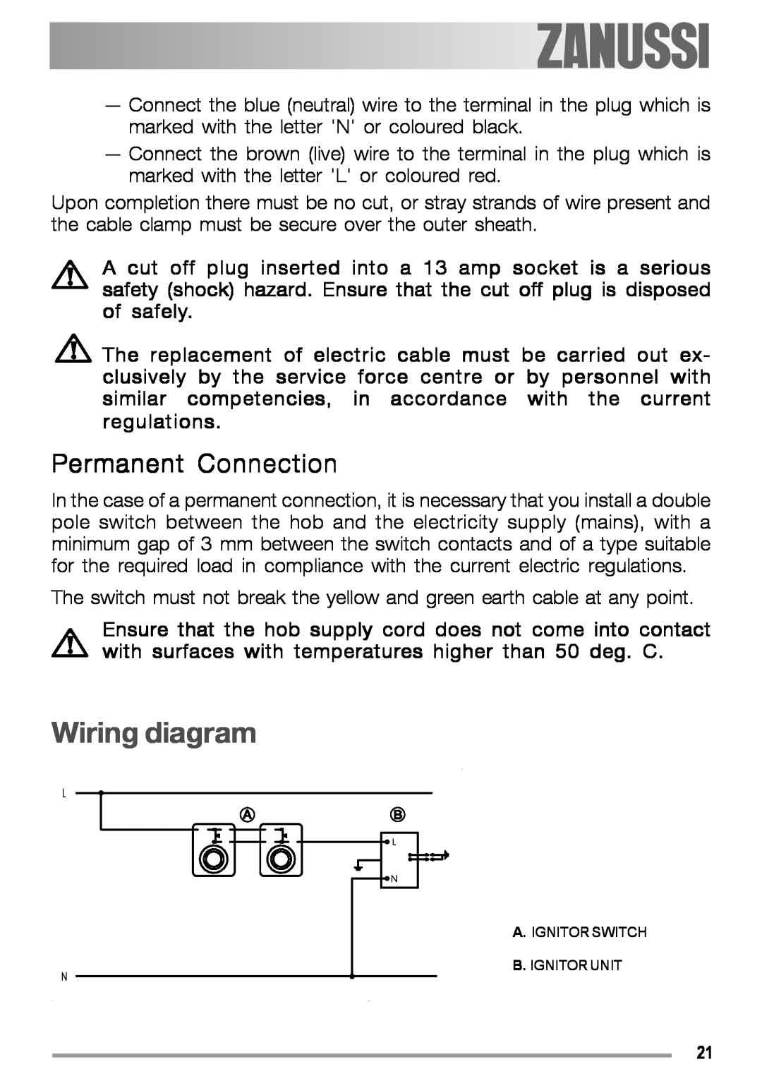 Zanussi ZGS 322 manual Wiring diagram, Permanent Connection 