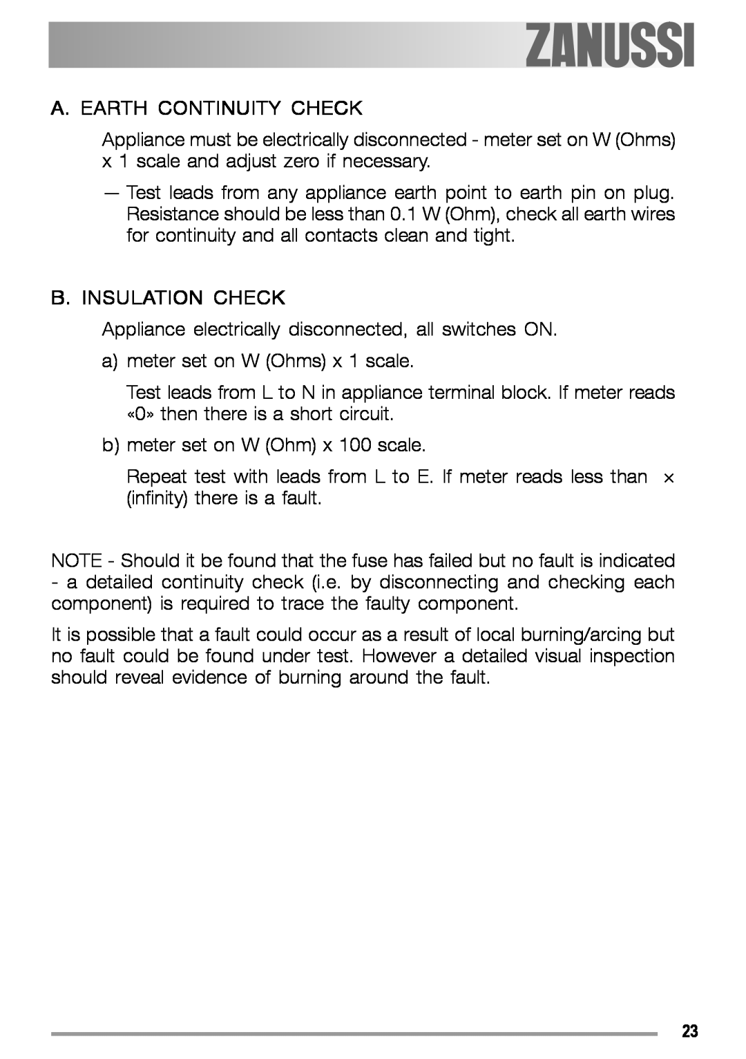 Zanussi ZGS 322 manual A. Earth Continuity Check, B. Insulation Check 