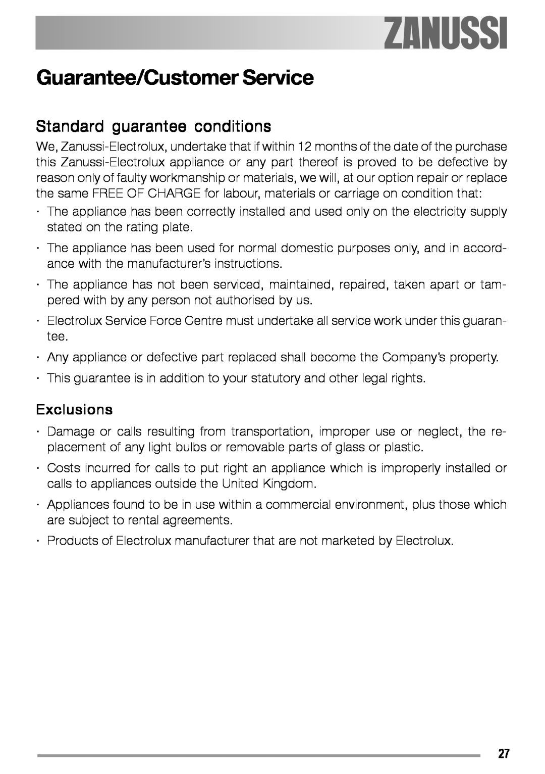 Zanussi ZGS 322 manual Standard guarantee conditions, Guarantee/Customer Service 