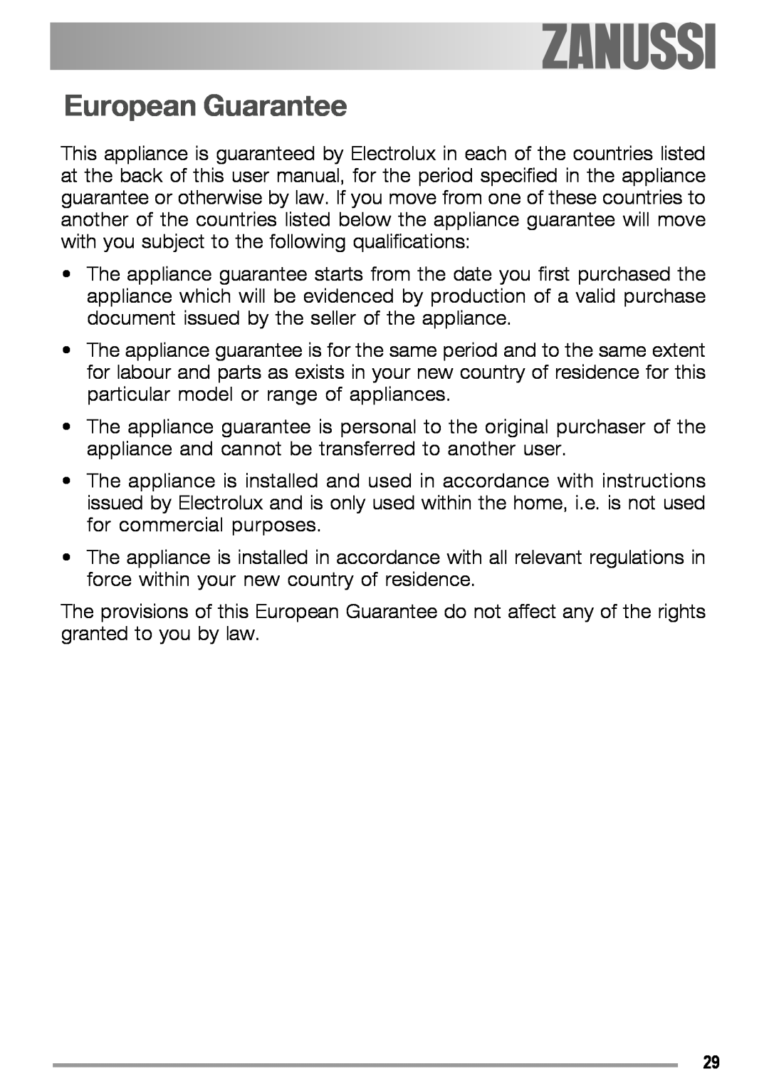 Zanussi ZGS 322 manual European Guarantee 