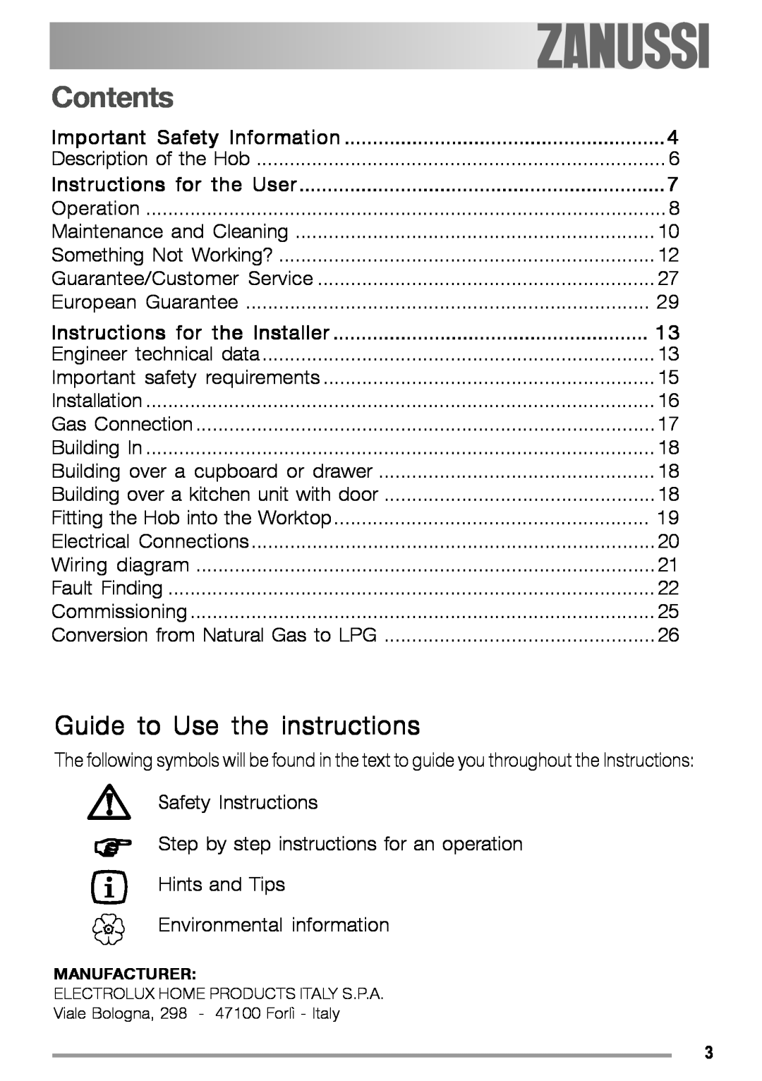 Zanussi ZGS 322 manual Contents, Guide to Use the instructions 