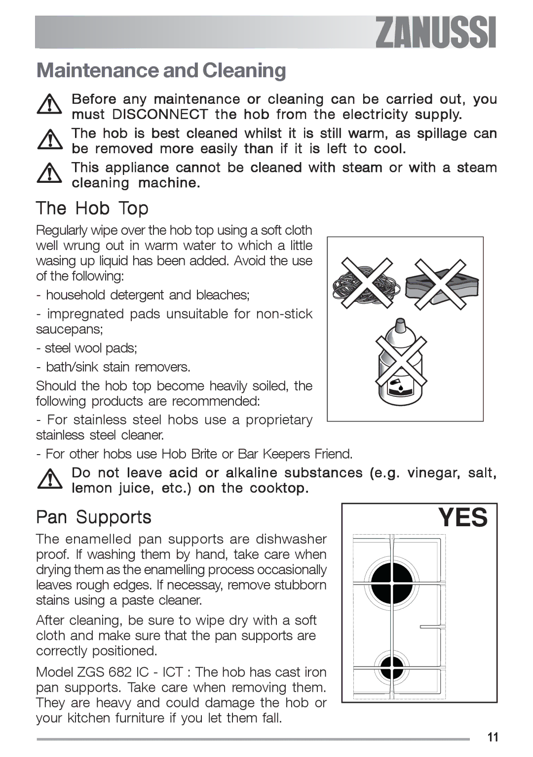 Zanussi ZGS 682 ICT manual Maintenance and Cleaning, Hob Top, Pan Supports 