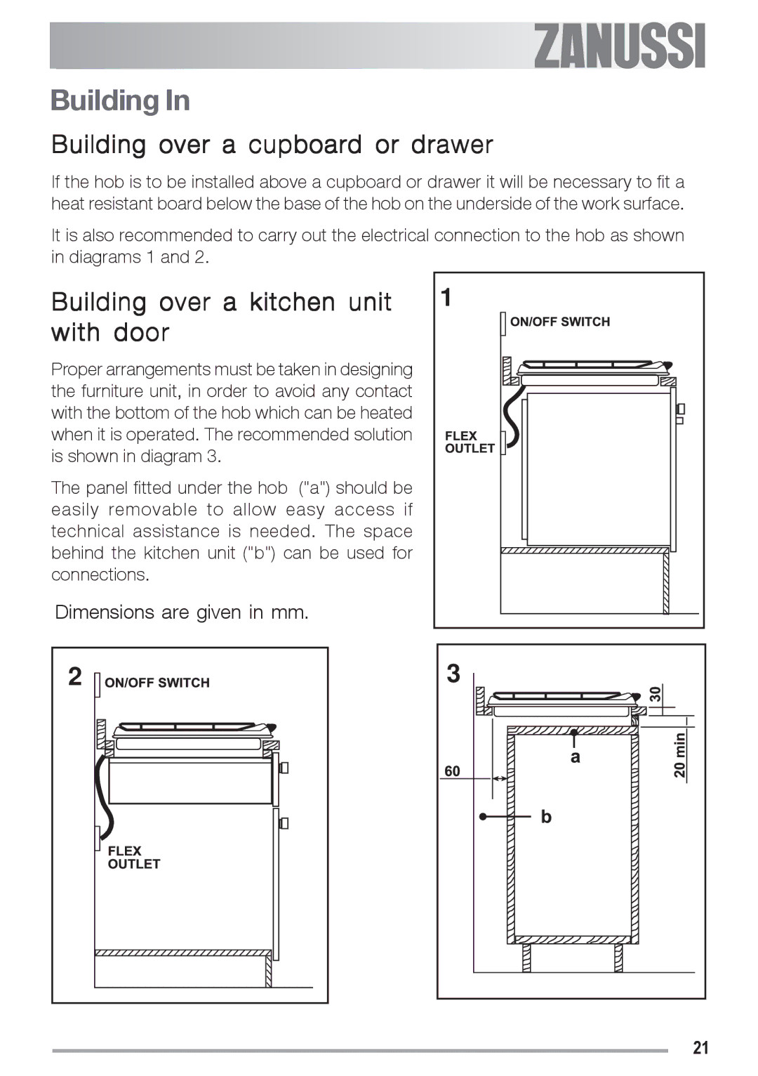 Zanussi ZGS 682 ICT manual Building over a cupboard or drawer, Building over a kitchen unit with door 