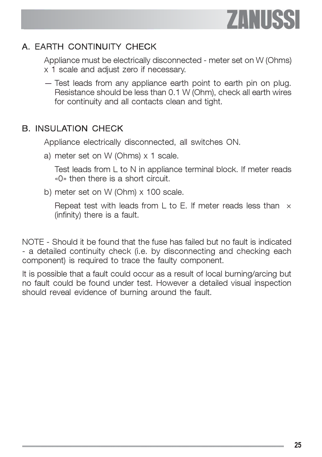 Zanussi ZGS 682 ICT manual Earth Continuity Check 