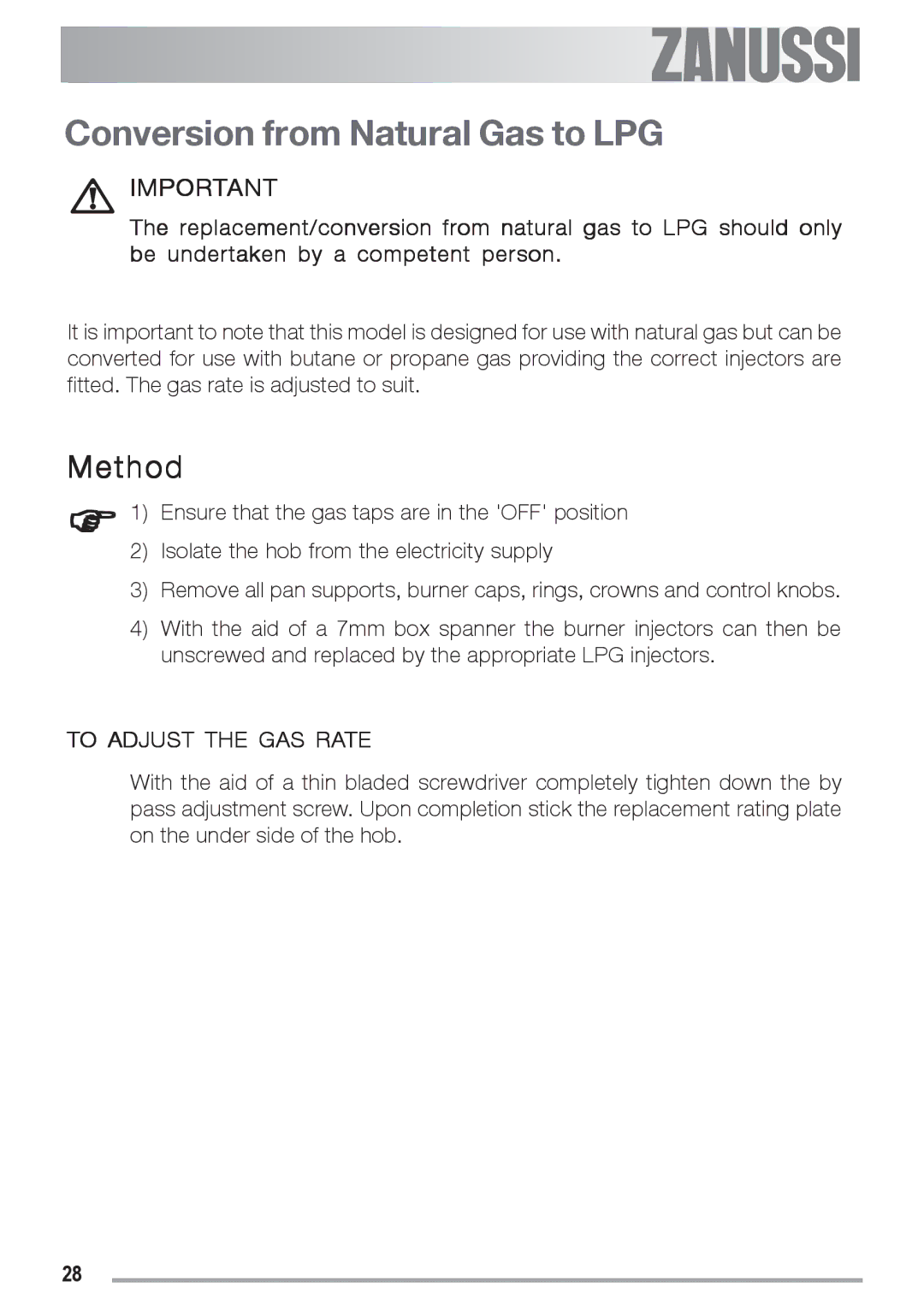 Zanussi ZGS 682 ICT manual Conversion from Natural Gas to LPG, Method 