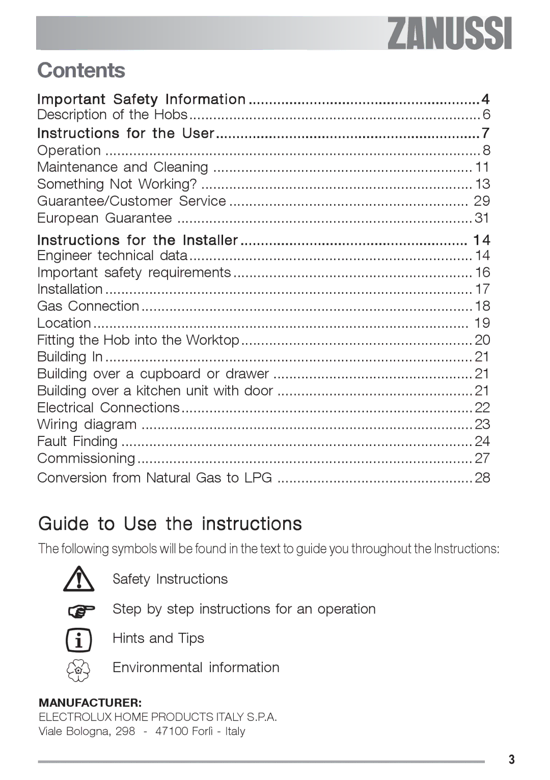 Zanussi ZGS 682 ICT manual Contents 