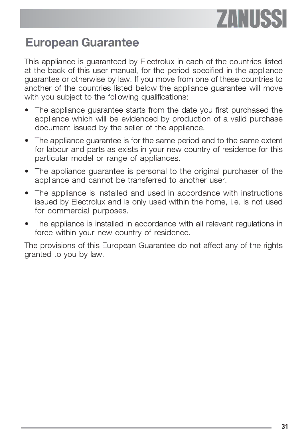 Zanussi ZGS 682 ICT manual European Guarantee 