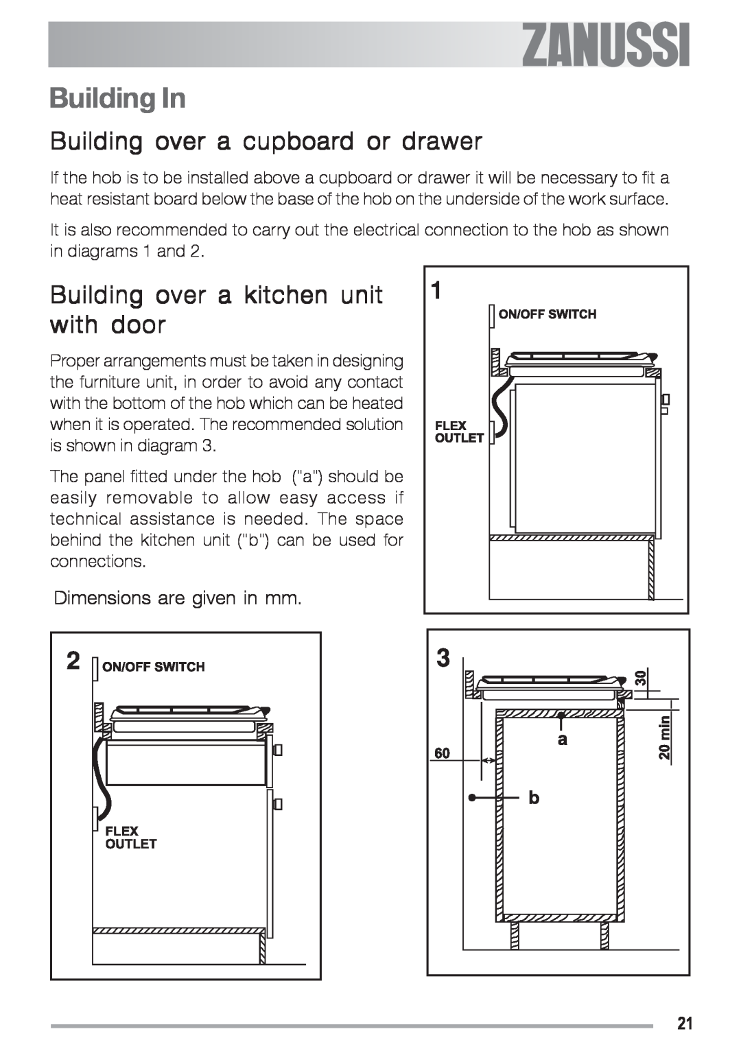 Zanussi ZGS 682 ICT manual Building In, Building over a cupboard or drawer, Building over a kitchen unit with door 