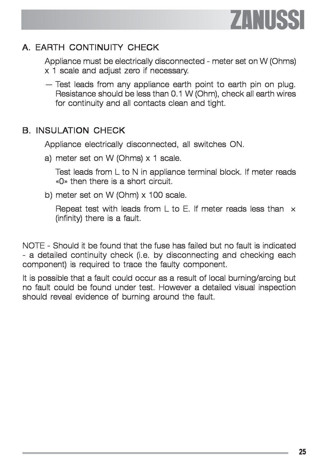 Zanussi ZGS 682 ICT manual A. Earth Continuity Check, B. Insulation Check 