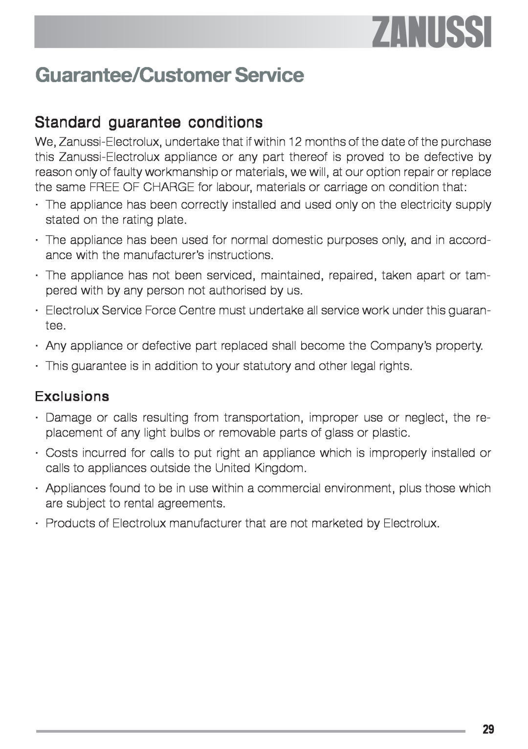 Zanussi ZGS 682 ICT manual Standard guarantee conditions, Guarantee/Customer Service 