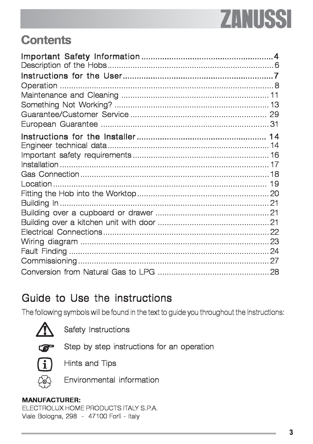 Zanussi ZGS 682 ICT manual Contents, Guide to Use the instructions 