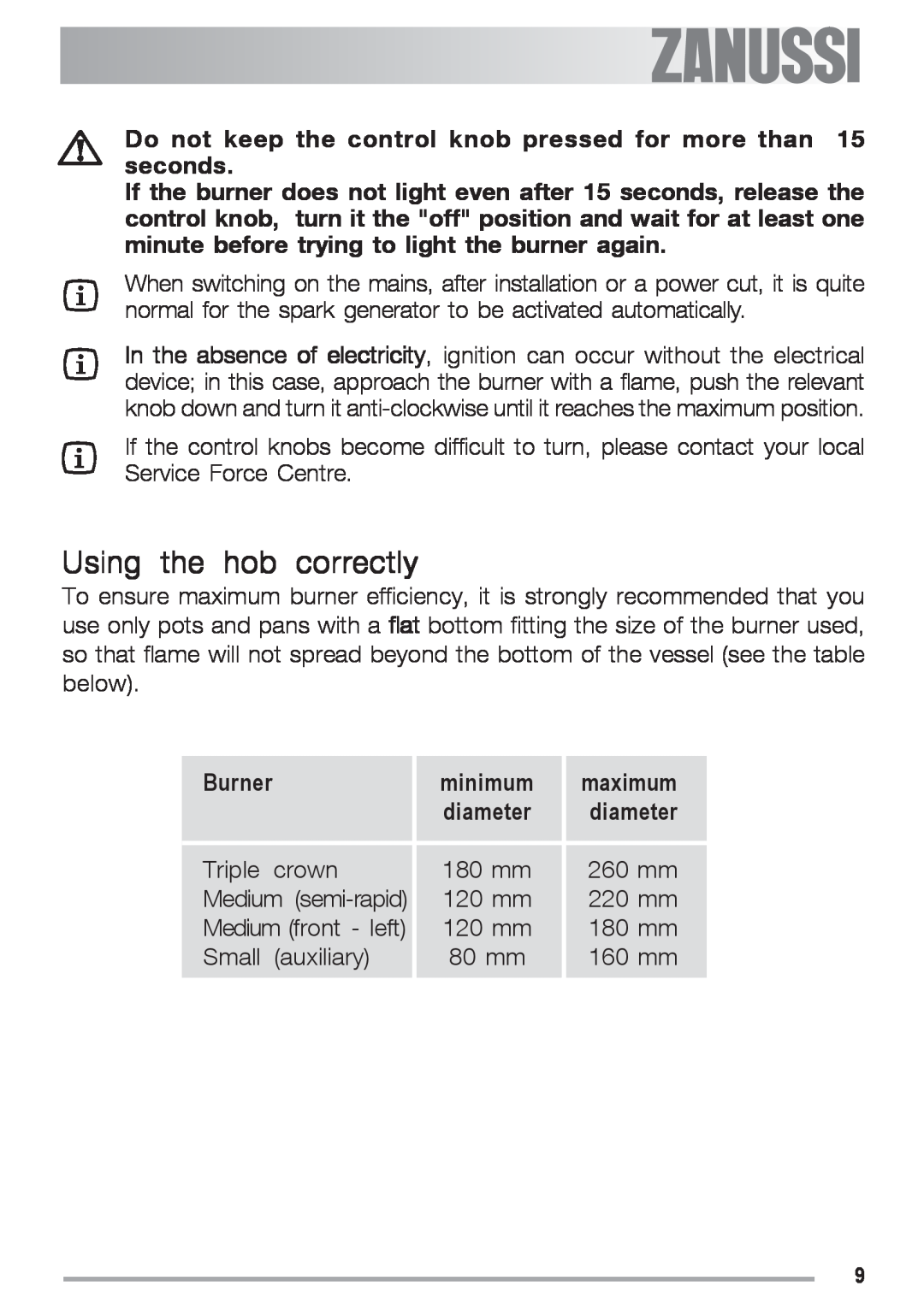 Zanussi ZGS 682 ICT manual Using the hob correctly, Do not keep the control knob pressed for more than 15 seconds, Burner 