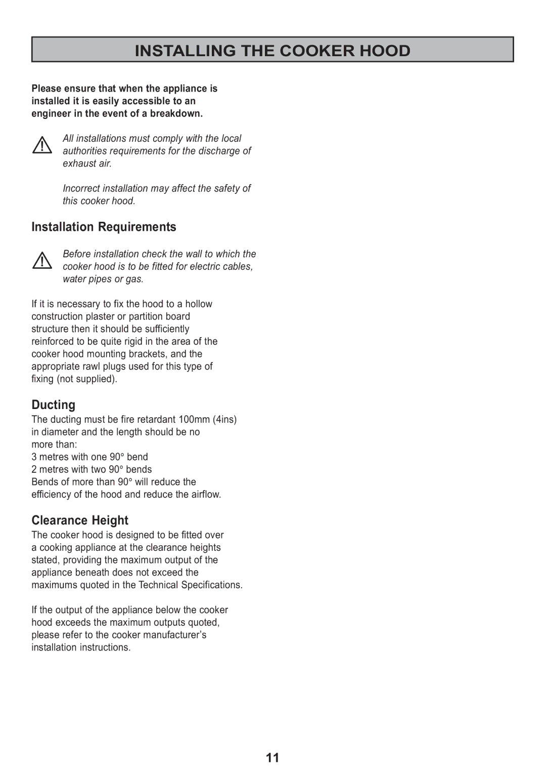 Zanussi ZH 280 manual Installing the Cooker Hood, Installation Requirements, Ducting, Clearance Height 