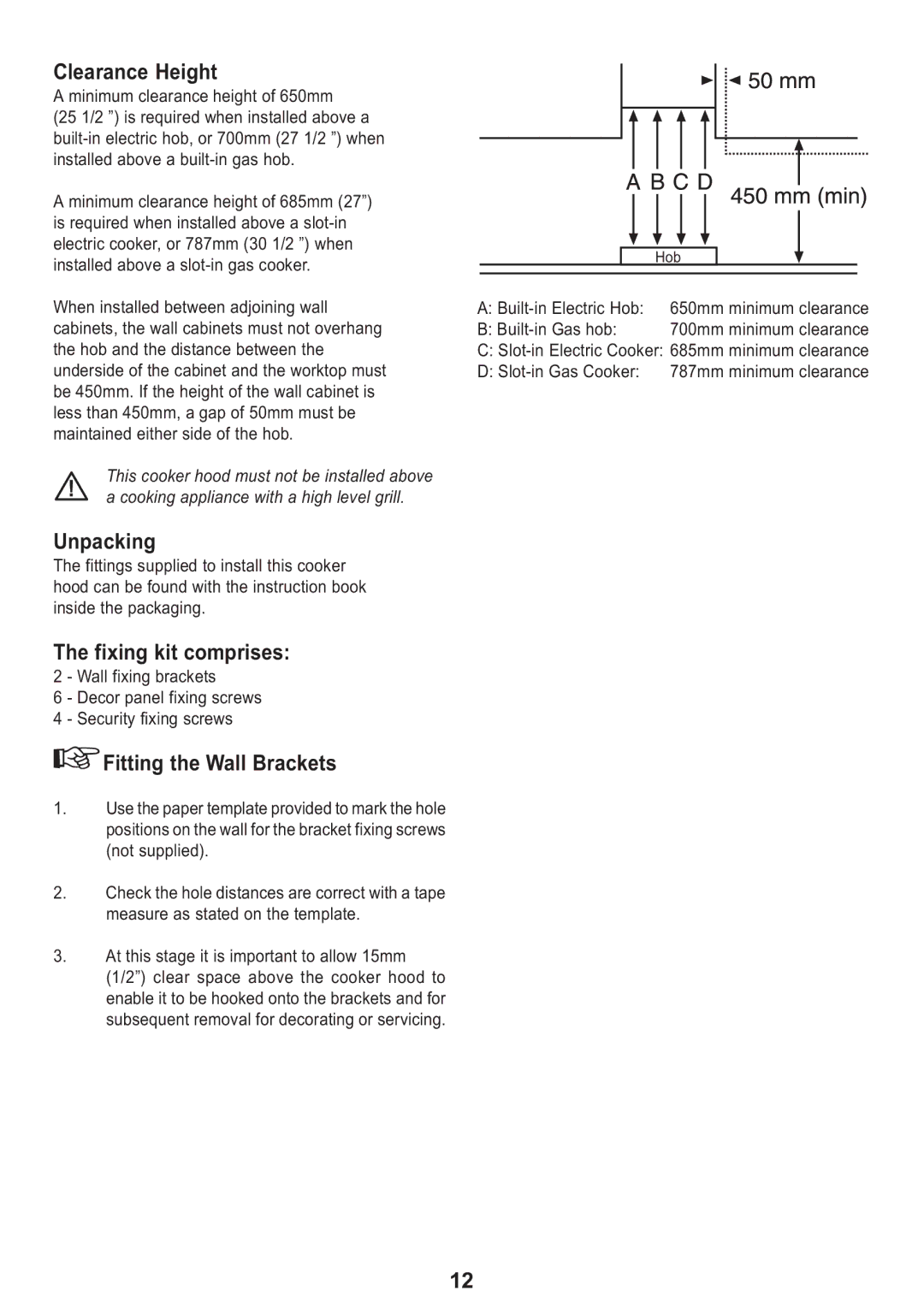 Zanussi ZH 280 manual Unpacking, Fixing kit comprises, Fitting the Wall Brackets 