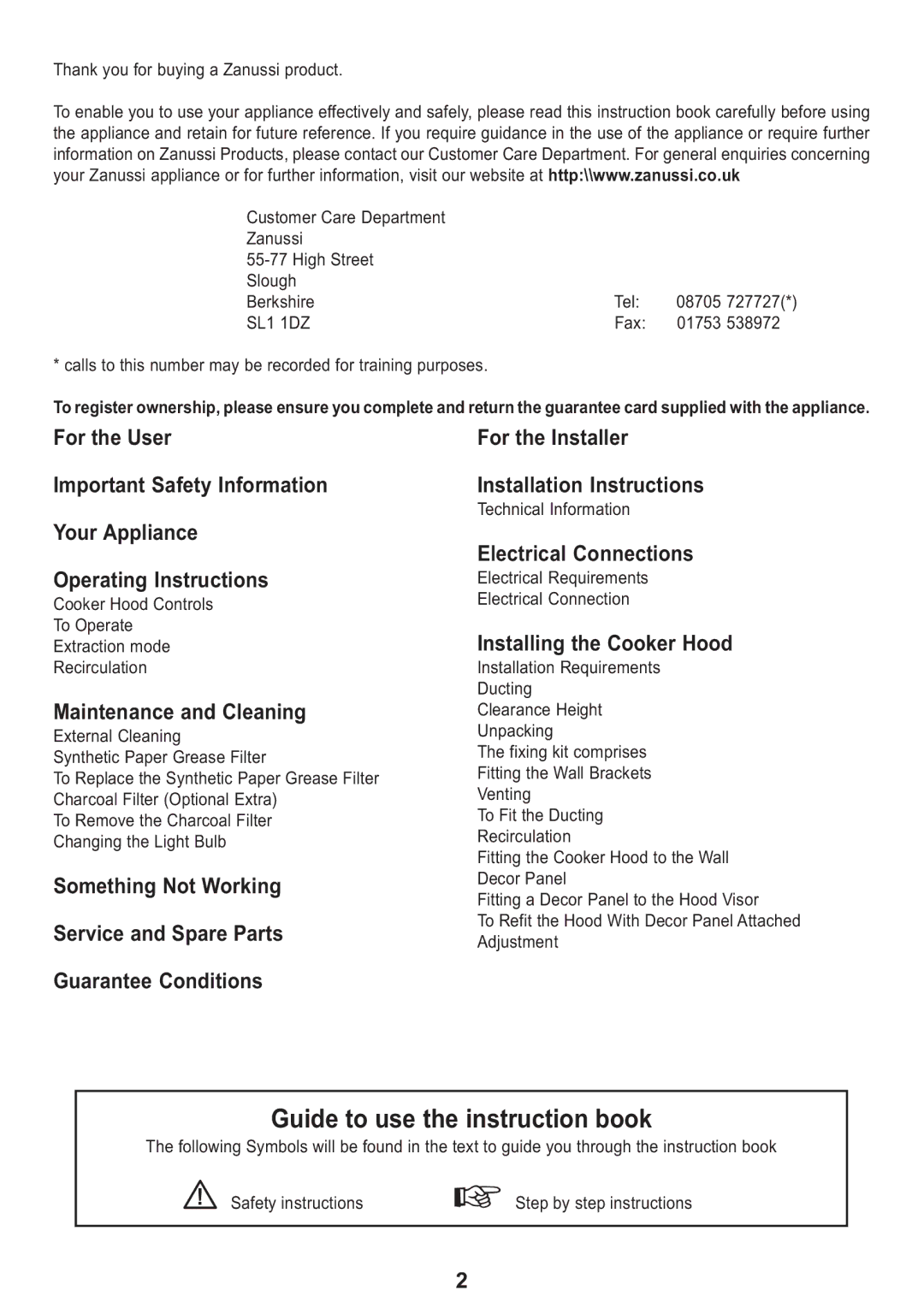 Zanussi ZH 280 manual For the User, Maintenance and Cleaning, Electrical Connections, Installing the Cooker Hood 