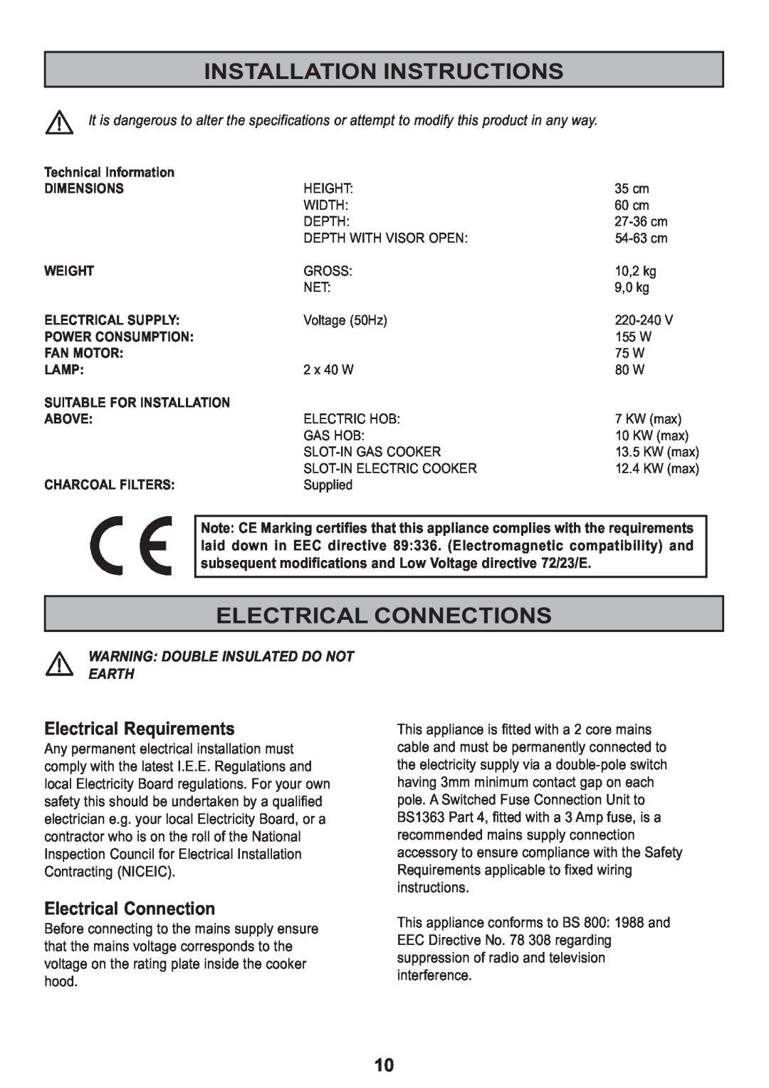 Zanussi ZH 280 manual Installation Instructions, Electrical Connections, Electrical Requirements 