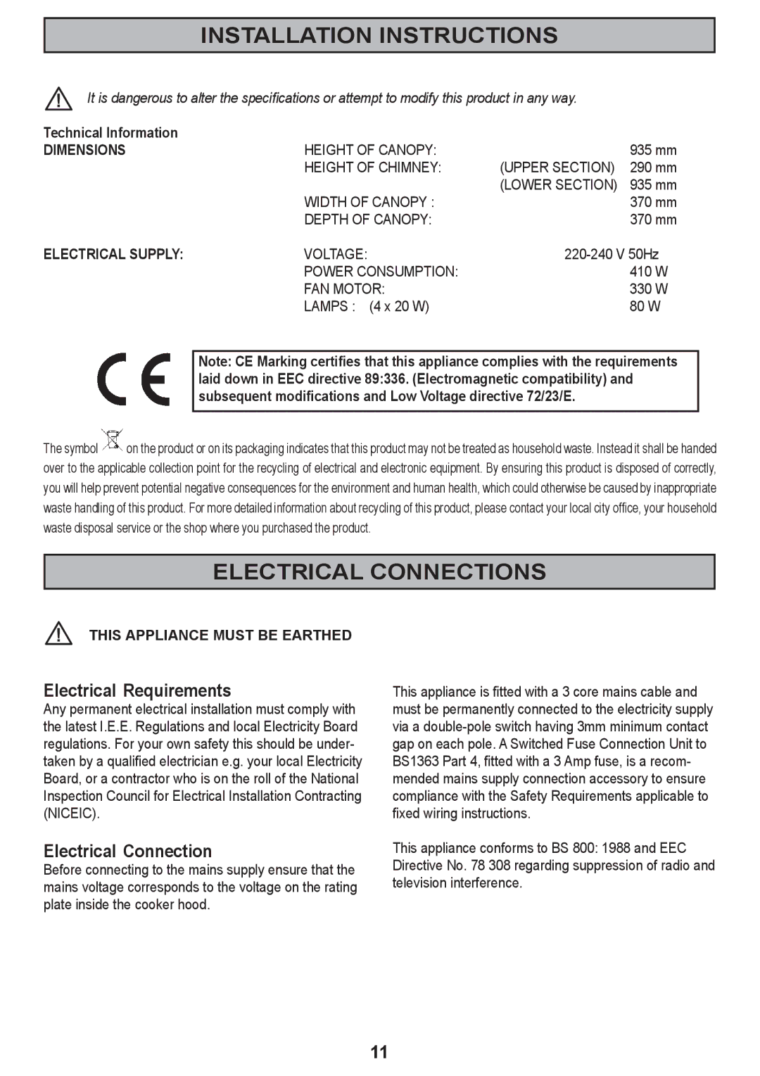 Zanussi ZHC 590 manual Installation Instructions, Electrical Connections, Electrical Requirements 