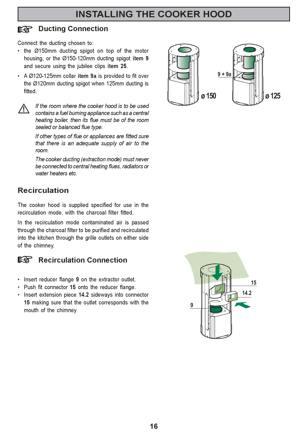 Zanussi ZHC 590 manual Ducting Connection, Recirculation Connection, Connect the ducting chosen to 