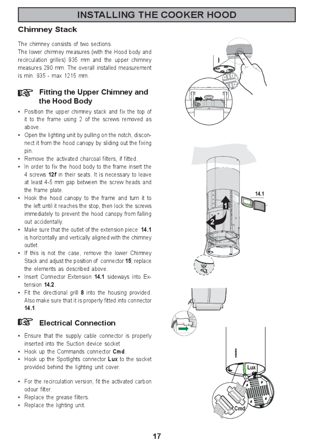 Zanussi ZHC 590 manual Chimney Stack, Fitting the Upper Chimney and the Hood Body 