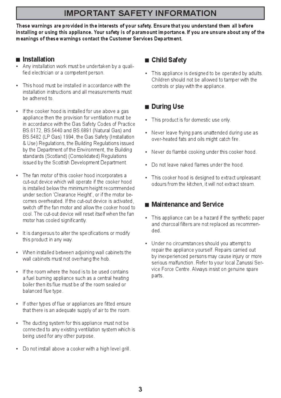 Zanussi ZHC 590 manual Important Safety Information, Installation, Child Safety, During Use, Maintenance and Service 