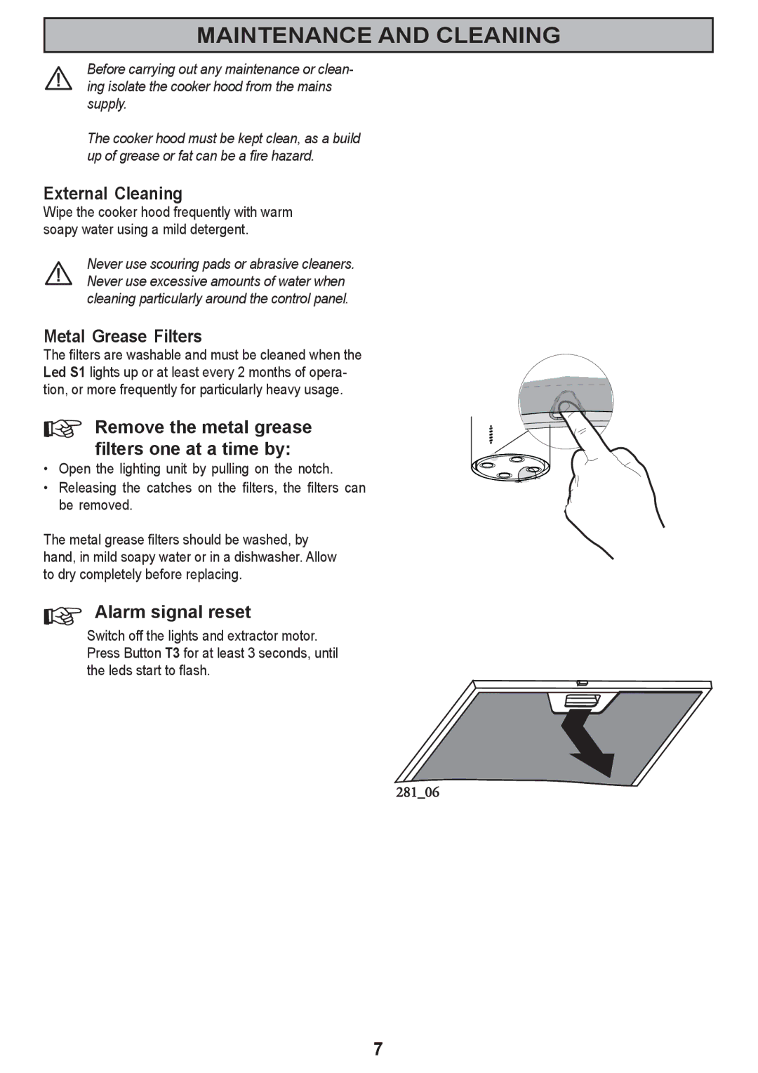 Zanussi ZHC 590 manual Maintenance and Cleaning, External Cleaning, Metal Grease Filters, Alarm signal reset 