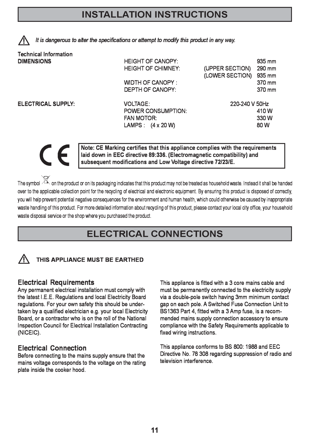 Zanussi ZHC 590 manual Installation Instructions, Electrical Connections, Electrical Requirements 