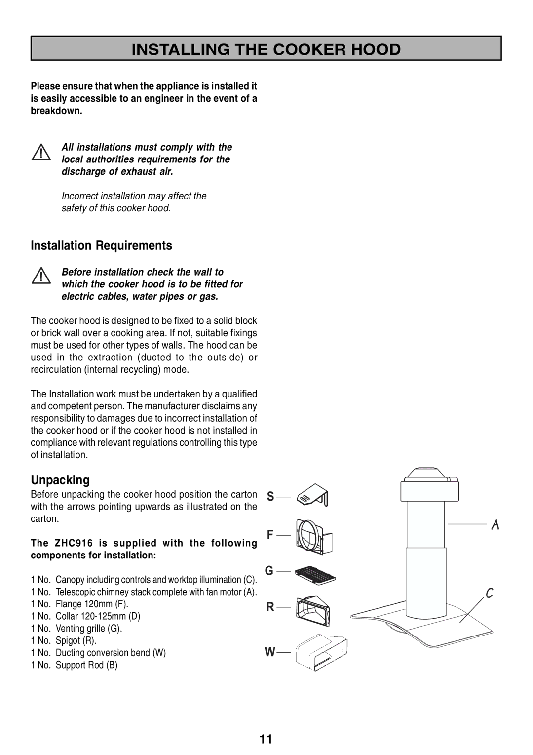 Zanussi ZHC 916X manual Installing the Cooker Hood, Installation Requirements, Unpacking 