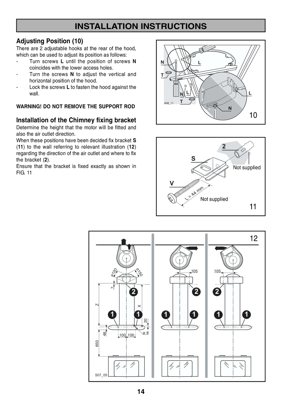 Zanussi ZHC 916X manual Adjusting Position, Installation of the Chimney fixing bracket 