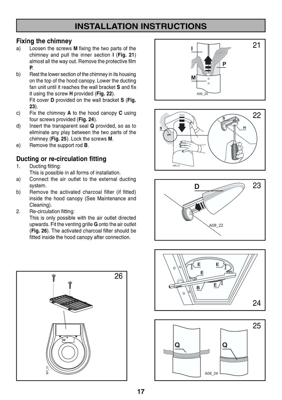 Zanussi ZHC 916X manual Fixing the chimney, Ducting or re-circulation fitting 