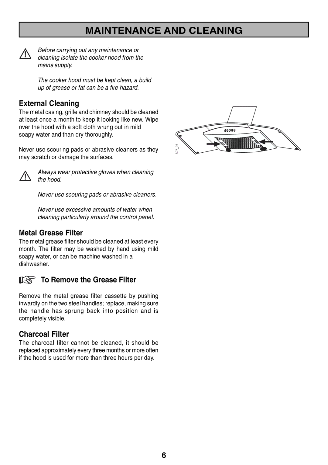 Zanussi ZHC 916X manual Maintenance and Cleaning, External Cleaning, Metal Grease Filter, To Remove the Grease Filter 