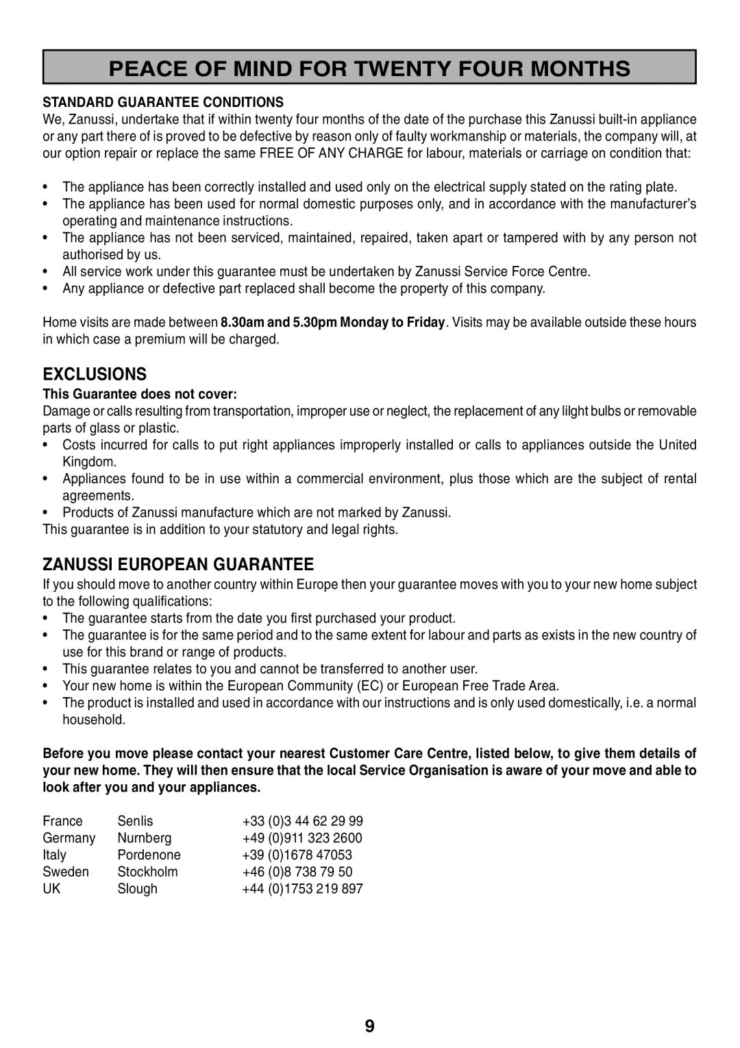 Zanussi ZHC 916X manual Peace of Mind for Twenty Four Months, Standard Guarantee Conditions 