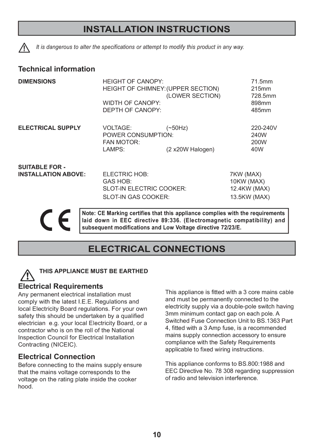 Zanussi ZHC 925 manual Installation Instructions, Electrical Connections, Technical information, Electrical Requirements 