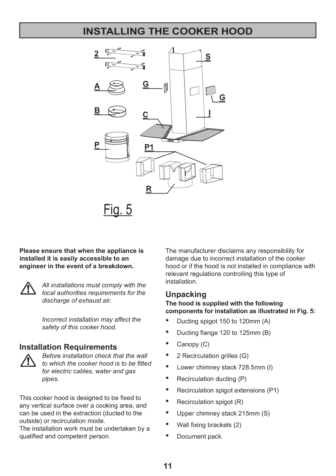 Zanussi ZHC 925 manual Installing the Cooker Hood, Installation Requirements, Unpacking 