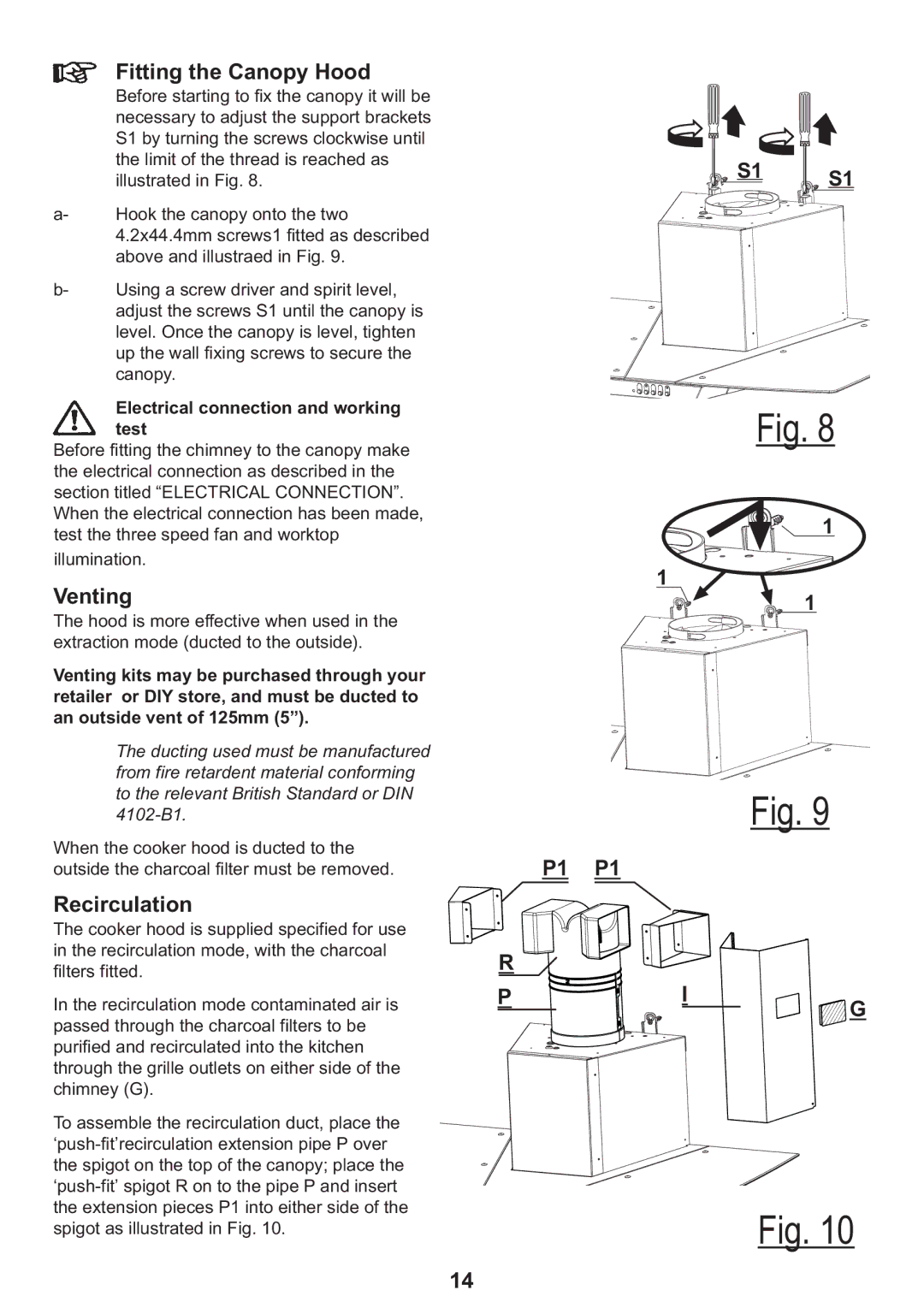 Zanussi ZHC 925 manual Fitting the Canopy Hood, Venting, S1 S1 P1 P1, Electrical connection and working test 